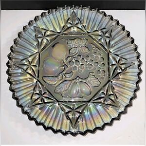 Federal Glass Pioneer Smoke Iridescent Embossed Fruit Glass Plate Sawtooth Edge